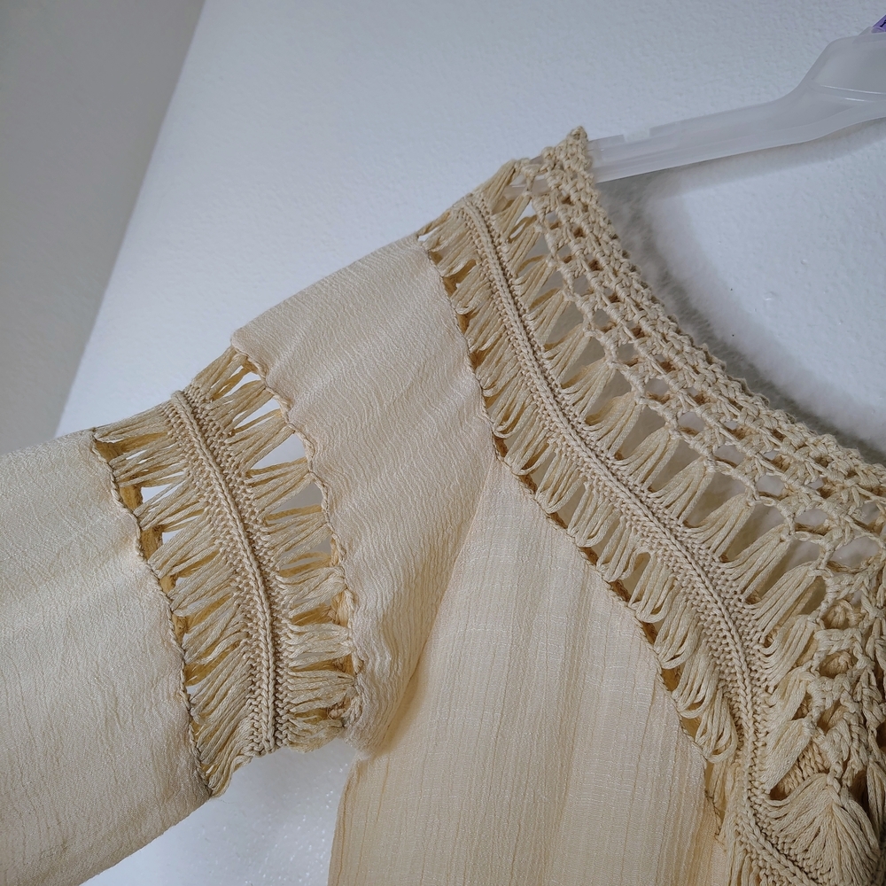 Boho Beige Crochet Mesh Midi Dress Cover Up S/M Solid Neutral Festival Beach - Picture 11 of 15